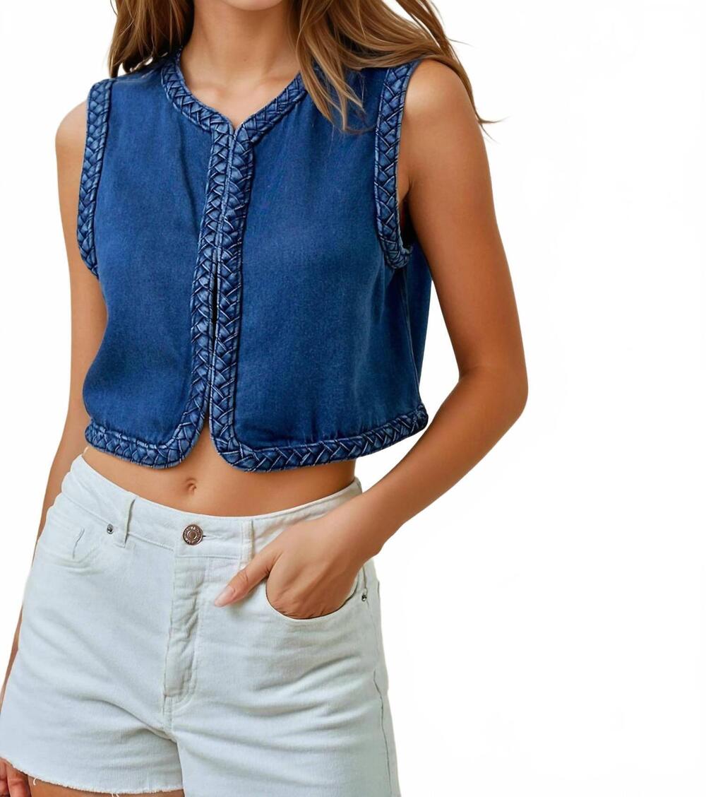 NEW DOE AND RAE braided sleeveless vest in denim blue